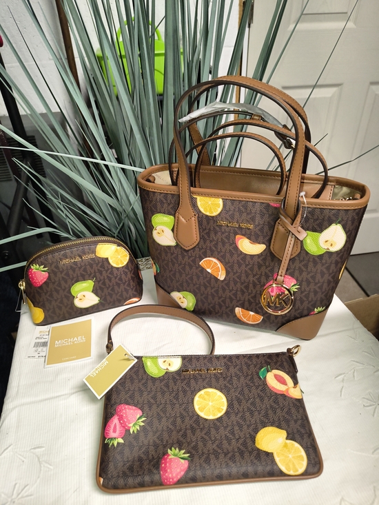 MICHAEL Michael Kors Handbags - MICHAEL Michael Kors Signature Monogram Brown with Multicolor Fruit Motif Set